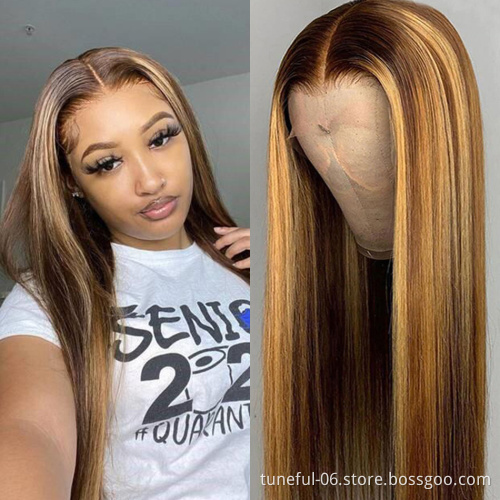 Natrual Black Blonde Highlights Wig Mix Color Deep Wave Curly Pre Plucked HD Transparent Lace Front Raw Virgin Human Hair Wigs